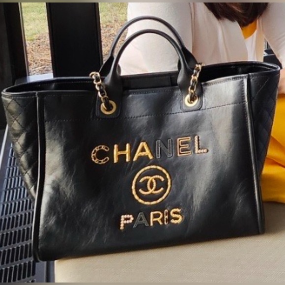 Authentic CHANEL Aged Calfskin Medium Studded Deauville Tote in Black - Picture 8 of 10